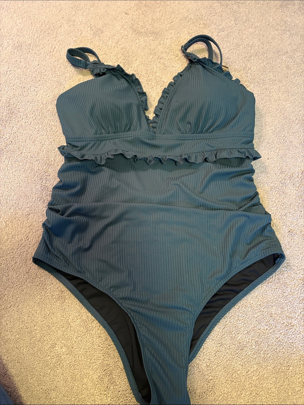 Ribbed Ruffle One-Piece Swimsuit in Dark Teal